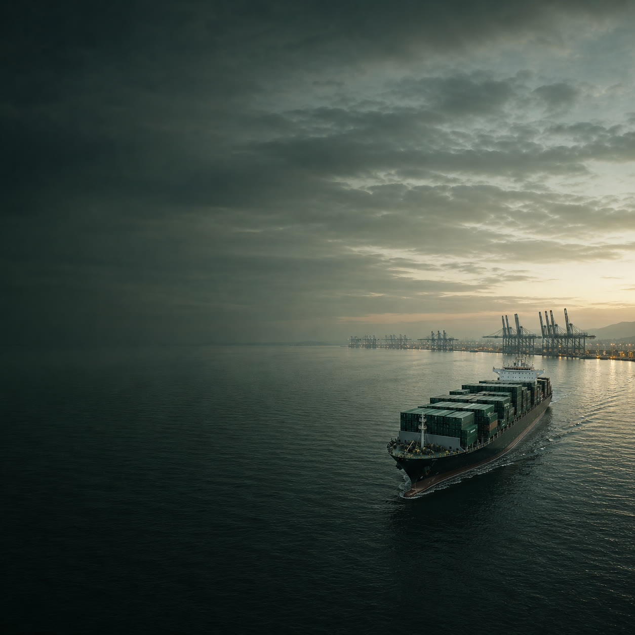 Navio cargueiro navegando próximo a um porto internacional